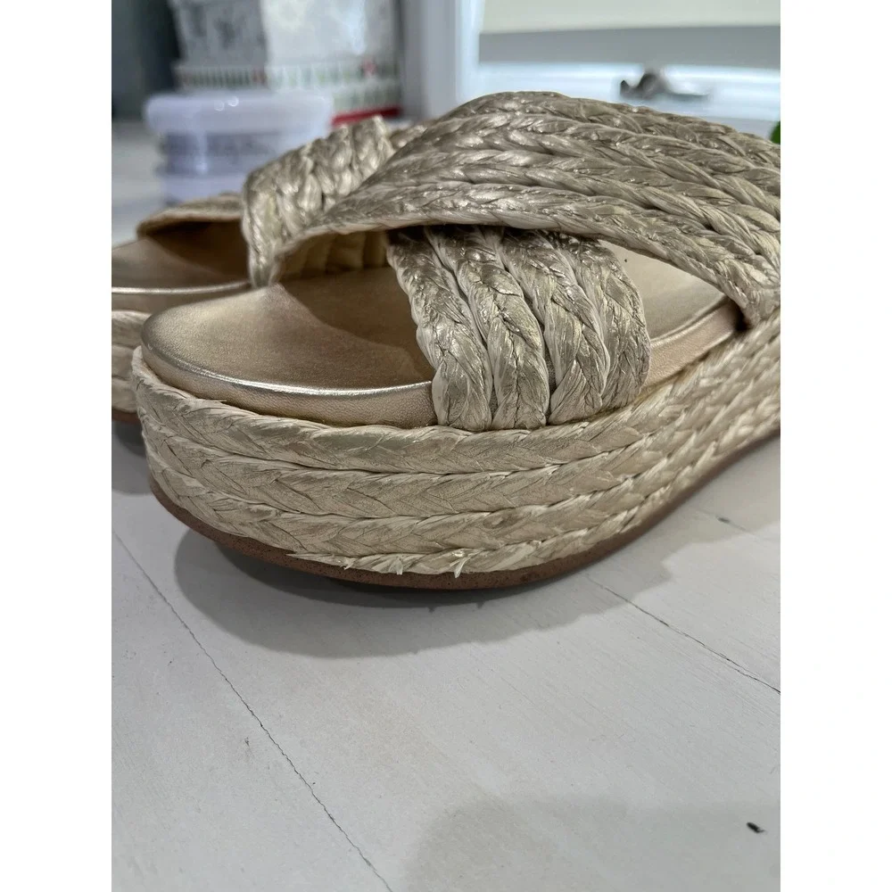 J/Slides NYC Gold Woven Cross Strap Platform Wedge‎ Sandals